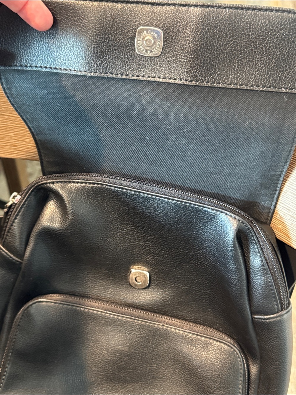 Liz Claiborne Black Leather Backpack with Front Pocket & Silver Hardware GUC - Picture 3 of 6